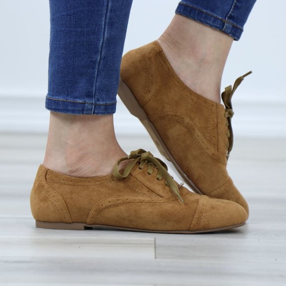 Tan Faux Suede Lace up Flat Heel Oxford Style Shoes - Picture 3 of 12